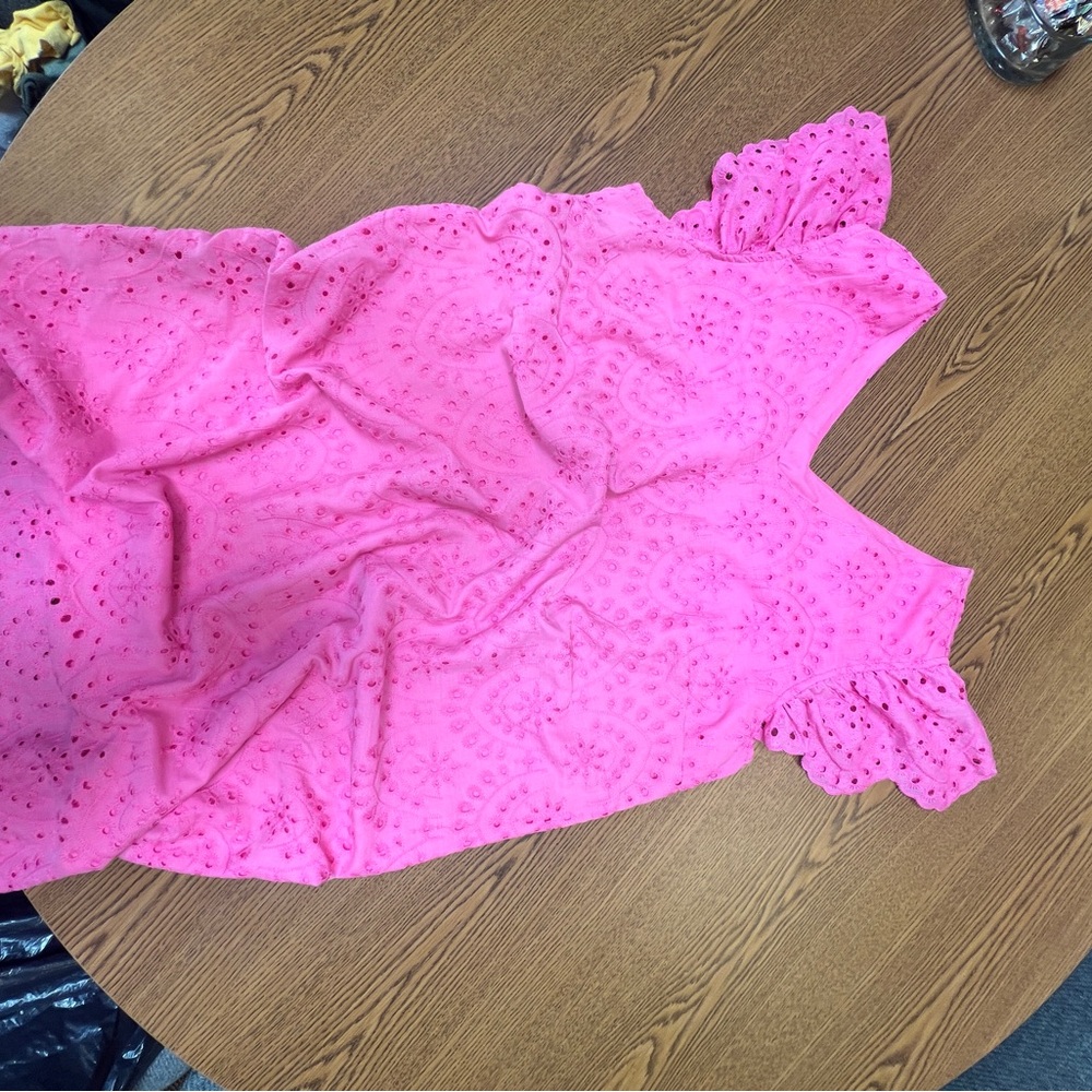 Hot pink dress.